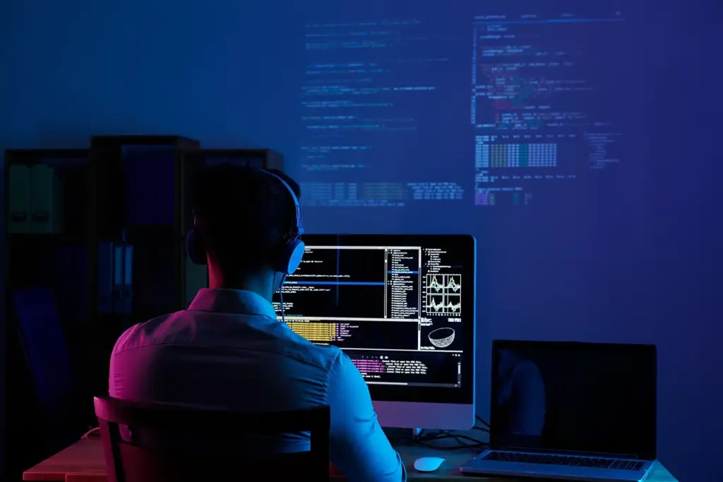 Developer working on laptop with SQL code on screen, troubleshooting slow SQL queries